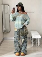Elorivane Women Green Yellow Graphic Sweater, Oversized Off Shoulder Boho Vintage Streetwear Top - Image 5