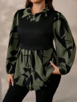 Elorivane Plus Size Black Knit Floral Patchwork Pullover Top, Autumn Winter Casual Wear - Image 2