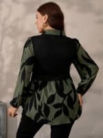 Elorivane Plus Size Black Knit Floral Patchwork Pullover Top, Autumn Winter Casual Wear