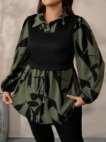 Elorivane Plus Size Black Knit Floral Patchwork Pullover Top, Autumn Winter Casual Wear - Image 4