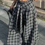 Elorivane Women Navy Gingham Wide Leg Pants, Loose Plaid Grunge Y2K Streetwear Trousers