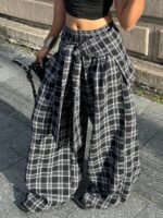 Elorivane Women Navy Gingham Wide Leg Pants, Loose Plaid Grunge Y2K Streetwear Trousers