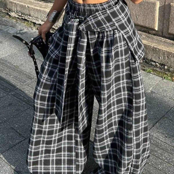 Elorivane Women Navy Gingham Wide Leg Pants, Loose Plaid Grunge Y2K Streetwear Trousers