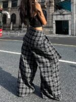 Elorivane Women Navy Gingham Wide Leg Pants, Loose Plaid Grunge Y2K Streetwear Trousers - Image 2