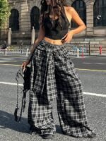 Elorivane Women Navy Gingham Wide Leg Pants, Loose Plaid Grunge Y2K Streetwear Trousers - Image 3