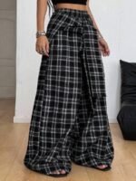 Elorivane Women Navy Gingham Wide Leg Pants, Loose Plaid Grunge Y2K Streetwear Trousers - Image 4