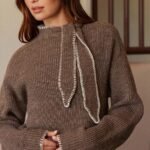 Elorivane Women Tie Neck Knit Sweater, Contrast Edge Long Sleeve Relaxed Country Concert Fall Top
