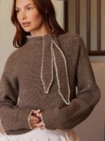 Elorivane Women Tie Neck Knit Sweater, Contrast Edge Long Sleeve Relaxed Country Concert Fall Top