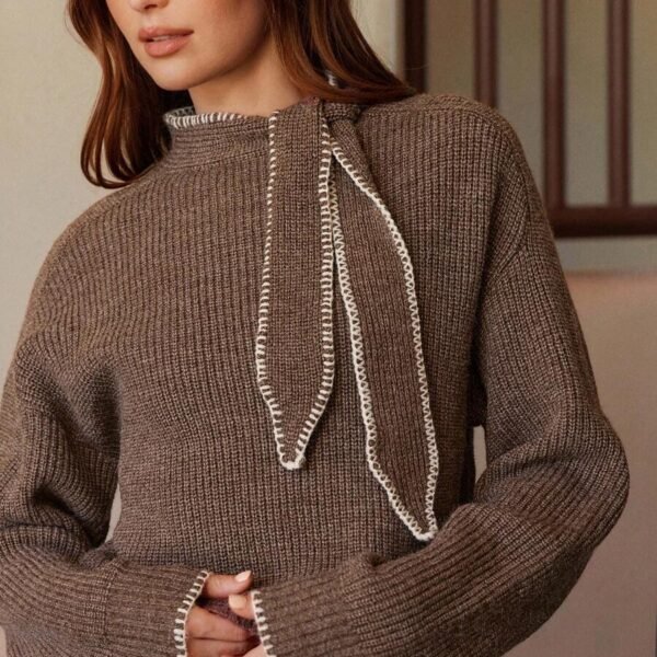 Elorivane Women Tie Neck Knit Sweater, Contrast Edge Long Sleeve Relaxed Country Concert Fall Top