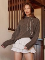 Elorivane Women Tie Neck Knit Sweater, Contrast Edge Long Sleeve Relaxed Country Concert Fall Top - Image 2