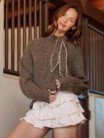 Elorivane Women Tie Neck Knit Sweater, Contrast Edge Long Sleeve Relaxed Country Concert Fall Top - Image 3