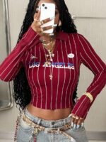 Elorivane Women Burgundy Lapel Striped Crop Top, Y2K Vintage Graphic Long Sleeve Festival Tee - Image 7