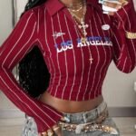 Elorivane Women Burgundy Lapel Striped Crop Top, Y2K Vintage Graphic Long Sleeve Festival Tee