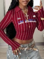 Elorivane Women Burgundy Lapel Striped Crop Top, Y2K Vintage Graphic Long Sleeve Festival Tee
