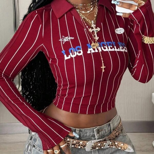 Elorivane Women Burgundy Lapel Striped Crop Top, Y2K Vintage Graphic Long Sleeve Festival Tee