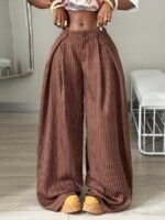 Elorivane Women Brown Striped Cargo Pants, Oversized Curved Hem Vintage Summer Fall Streetwear Trousers - Image 6