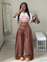 Elorivane Women Brown Striped Cargo Pants, Oversized Curved Hem Vintage Summer Fall Streetwear Trousers - Image 3