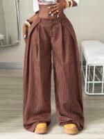 Elorivane Women Brown Striped Cargo Pants, Oversized Curved Hem Vintage Summer Fall Streetwear Trousers - Image 4