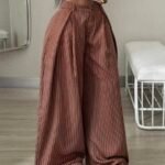 Elorivane Women Brown Striped Cargo Pants, Oversized Curved Hem Vintage Summer Fall Streetwear Trousers