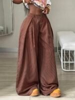 Elorivane Women Brown Striped Cargo Pants, Oversized Curved Hem Vintage Summer Fall Streetwear Trousers
