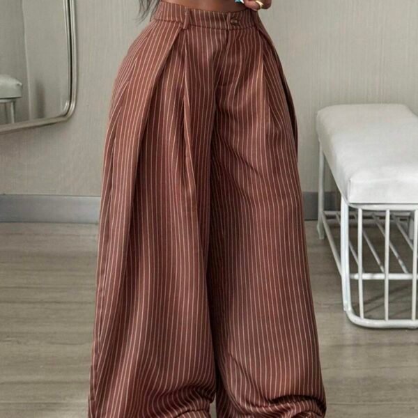 Elorivane Women Brown Striped Cargo Pants, Oversized Curved Hem Vintage Summer Fall Streetwear Trousers