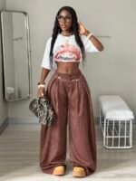 Elorivane Women Brown Striped Cargo Pants, Oversized Curved Hem Vintage Summer Fall Streetwear Trousers - Image 5