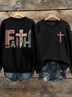 Elorivane Plus Size Faith Slogan Letter Graphic Crew Neck Long Sleeve Sweatshirt for Autumn Winter - Image 5