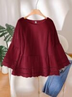 Elorivane Plus Size Apricot Shirt, Hollow Lace Patchwork Slightly Sheer, Spring Summer Vacation Casual Blouse - Image 8