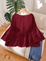 Elorivane Plus Size Apricot Shirt, Hollow Lace Patchwork Slightly Sheer, Spring Summer Vacation Casual Blouse - Image 9
