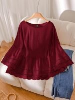 Elorivane Plus Size Apricot Shirt, Hollow Lace Patchwork Slightly Sheer, Spring Summer Vacation Casual Blouse - Image 11