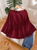 Elorivane Plus Size Apricot Shirt, Hollow Lace Patchwork Slightly Sheer, Spring Summer Vacation Casual Blouse - Image 13