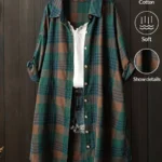 Elorivane Plus Size Green Plaid Shirt, Tie Cuff Long Sleeve Retro Loose Top, Autumn Vacation Casual Wear