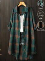 Elorivane Plus Size Green Plaid Shirt, Tie Cuff Long Sleeve Retro Loose Top, Autumn Vacation Casual Wear