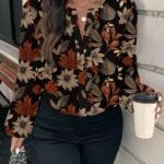 Elorivane Plus Size Maple Leaf Floral Blouse, Round Neck Long Sleeve Shirt, Autumn Office Chic Casual Top