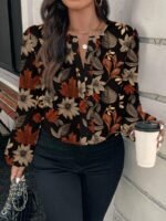 Elorivane Plus Size Maple Leaf Floral Blouse, Round Neck Long Sleeve Shirt, Autumn Office Chic Casual Top