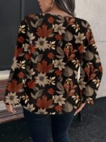 Elorivane Plus Size Maple Leaf Floral Blouse, Round Neck Long Sleeve Shirt, Autumn Office Chic Casual Top - Image 2