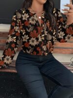 Elorivane Plus Size Maple Leaf Floral Blouse, Round Neck Long Sleeve Shirt, Autumn Office Chic Casual Top - Image 3