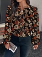 Elorivane Plus Size Maple Leaf Floral Blouse, Round Neck Long Sleeve Shirt, Autumn Office Chic Casual Top - Image 4