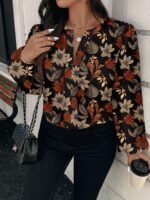 Elorivane Plus Size Maple Leaf Floral Blouse, Round Neck Long Sleeve Shirt, Autumn Office Chic Casual Top - Image 5
