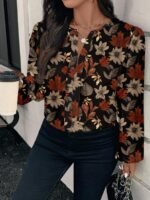 Elorivane Plus Size Maple Leaf Floral Blouse, Round Neck Long Sleeve Shirt, Autumn Office Chic Casual Top - Image 6