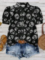 Elorivane Plus Size Black Halloween Skull Pattern Puff Sleeve Blouse Goth Bohemian Top for Summer Concert Festival Wear - Image 7