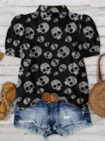Elorivane Plus Size Black Halloween Skull Pattern Puff Sleeve Blouse Goth Bohemian Top for Summer Concert Festival Wear - Image 8