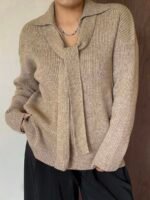 Elorivane Plus Size Ribbed Sweater, V-Neck Tie Front Loose Casual Autumn Winter Pullover Top - Image 3