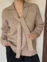 Elorivane Plus Size Ribbed Sweater, V-Neck Tie Front Loose Casual Autumn Winter Pullover Top - Image 4