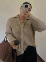 Elorivane Plus Size Ribbed Sweater, V-Neck Tie Front Loose Casual Autumn Winter Pullover Top