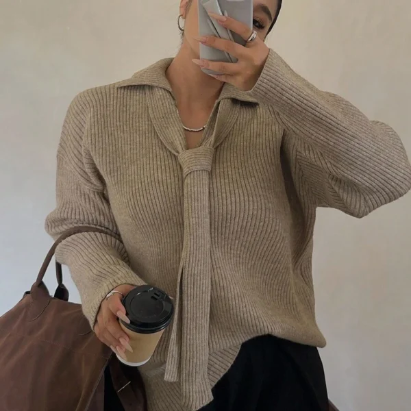 Elorivane Plus Size Ribbed Sweater, V-Neck Tie Front Loose Casual Autumn Winter Pullover Top