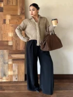 Elorivane Plus Size Ribbed Sweater, V-Neck Tie Front Loose Casual Autumn Winter Pullover Top - Image 7