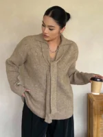 Elorivane Plus Size Ribbed Sweater, V-Neck Tie Front Loose Casual Autumn Winter Pullover Top - Image 8