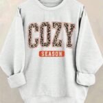Elorivane Plus Size Leopard Letter Print Round Neck Loose Pullover Sweatshirt for Winter