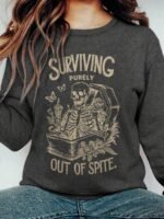 Elorivane Plus Size Skull Girl Slogan Round Neck Sweatshirt Long Sleeve for Autumn Winter Halloween Casual Wear - Image 6